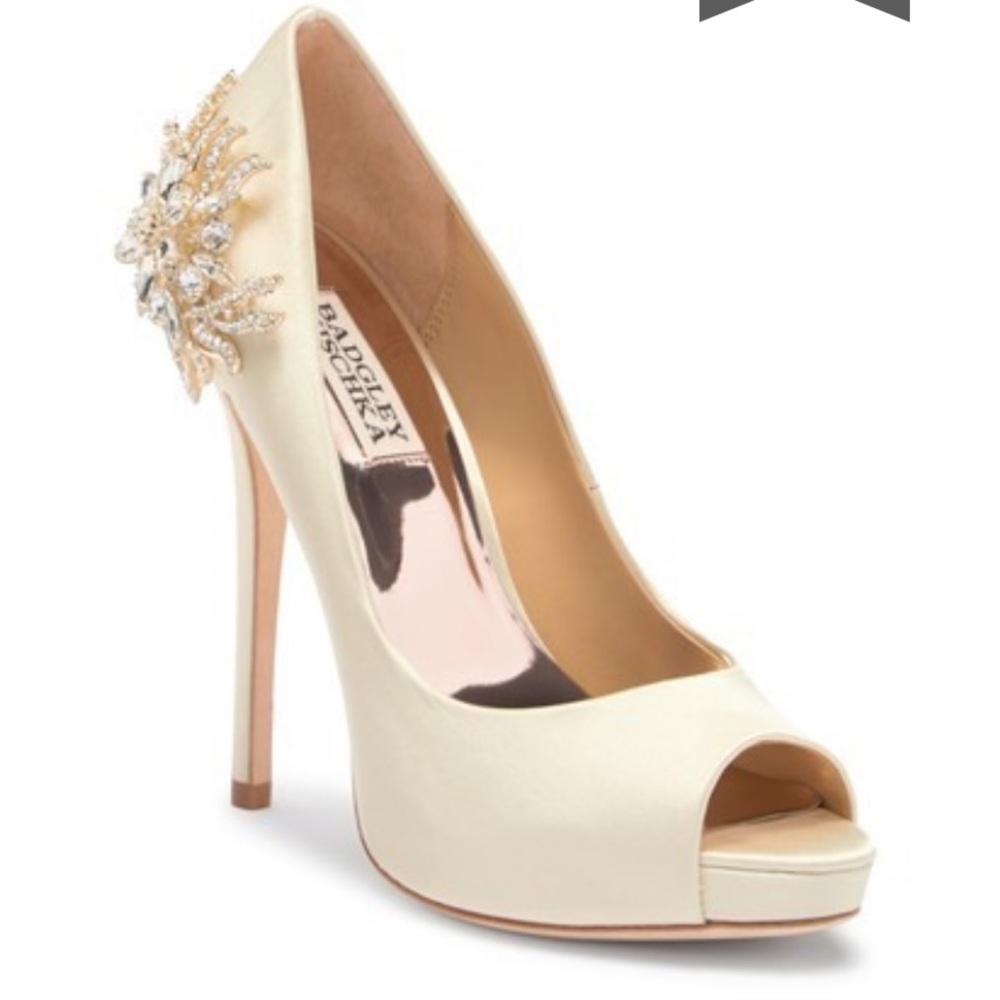 Badgley Mischka Ivory Peep-Toe Satin Heels with Crystal Brooch